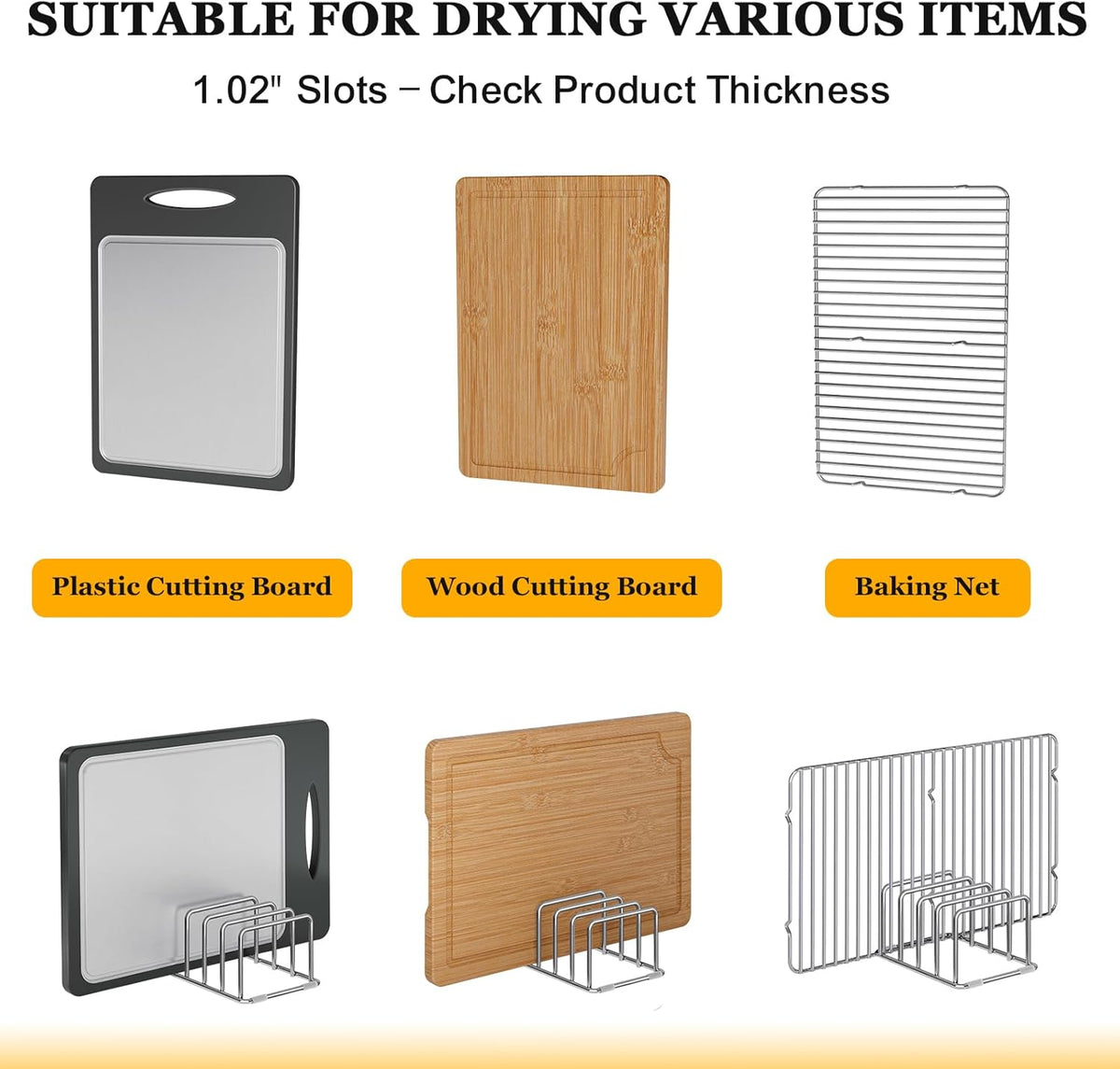 Cutting Board Organizer Stand Holder - 304 Stainless Steel Chopping Board Rack, Pot Pan Lid Holder, Kitchen Shelf for Bakeware, Cookie Sheets, 4-Slot 1.02-Inch Width Design