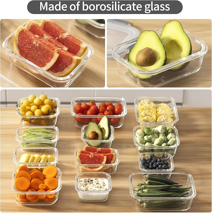 24 Pieces Glass Food Storage Containers with Lids,Glass Meal Prep Containers Set with Locking Lid,Airtight Glass Lunch Container for Kitchen,BPA Free(12 Lids & 12 Containers)
