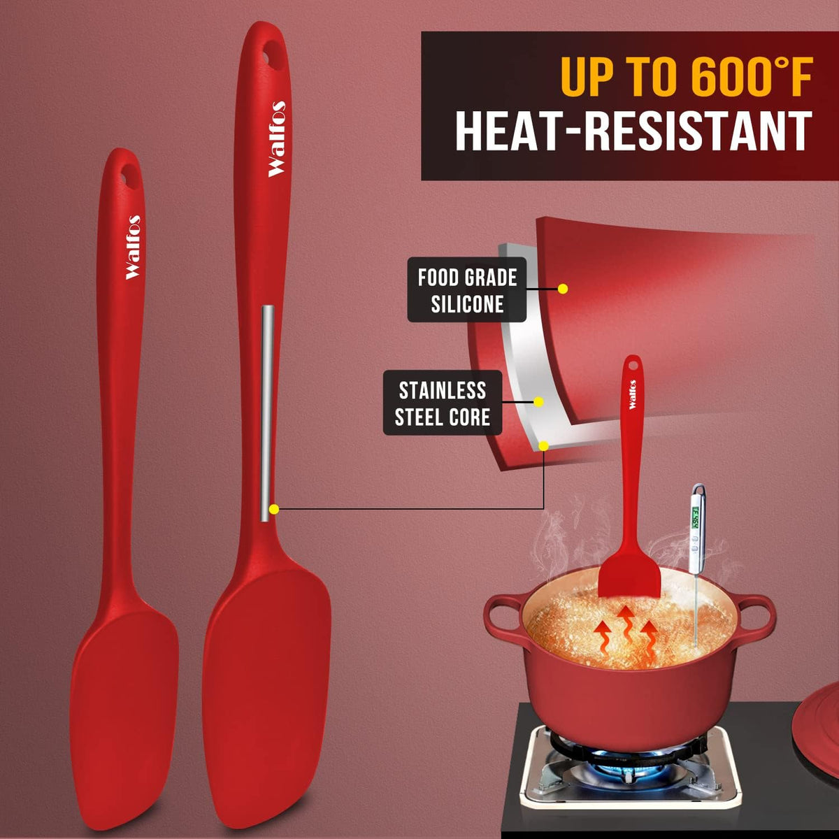 Walfos Silicone Spatula - 600°F High Heat Resistant Kitchen Spoon Spatulas, Strong Steel Core & One-Pieces Seamless Design, Perfect for Cooking Mixing & Baking - BPA Free & Dishwasher Safe 2 Set, Red