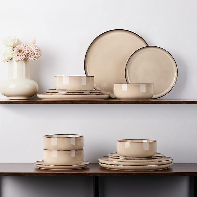 E-far 6-Piece Plates and Bowls Set, Stoneware Dinnerware Sets for 2, Reactive Glaze Ceramic Dinning Ware Dishes, Microwave & Dishwasher Safe - Sandy Beige