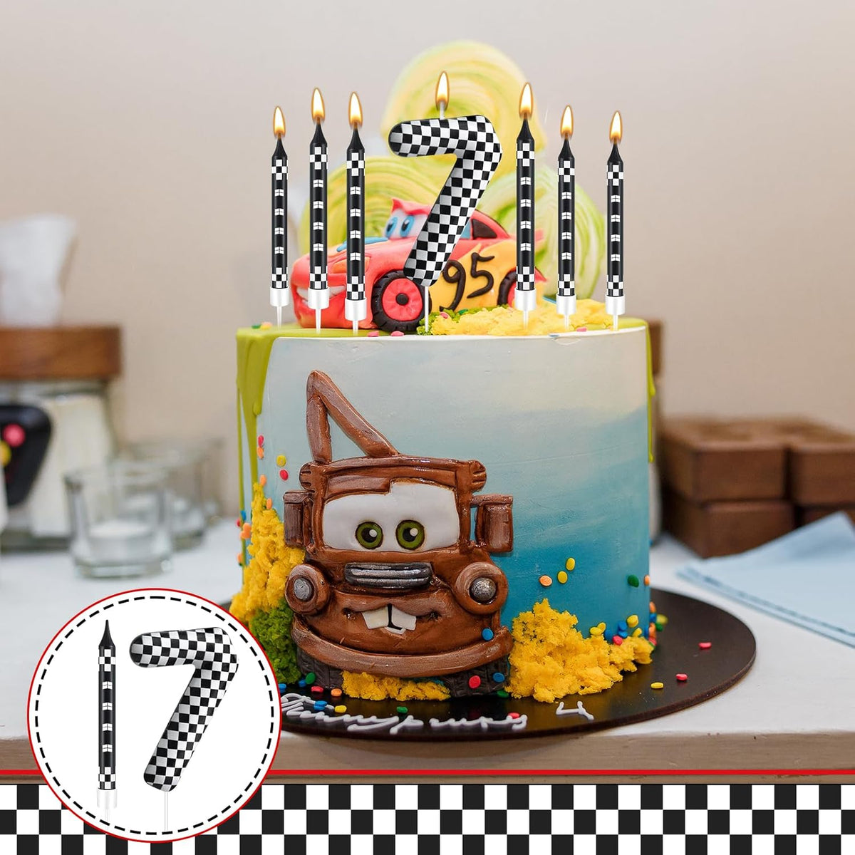 13 Pcs Racing Cars Themed Birthday Candles Black and White Race Number 7 Checkered Candle Cake Topper for Racing Car Party Decoration Supplies (Number 7)