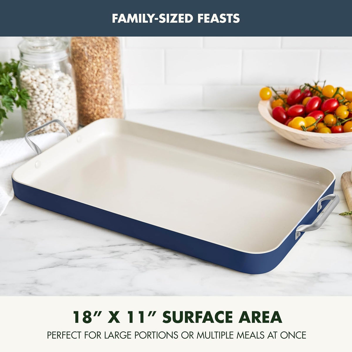 GreenPan 18" x 11" Double Burner Griddle Pan, Hard Anodized Healthy Ceramic Nonstick PFAS-Free, Stainless Steel Handles, Stovetop Cooking, Dishwasher Safe, Oven & Broiler Safe Cookware, Oxford Blue
