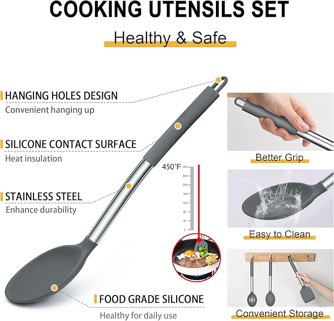Silicone Kitchen Utensils Set, E-far 30-Piece Cooking Utensils Set with Holder, Heat Resistant Kitchen Spatulas Turner Tong Spoon Whisk Ladle for Nonstick Cookware, Stainless Steel Handle (Gray)