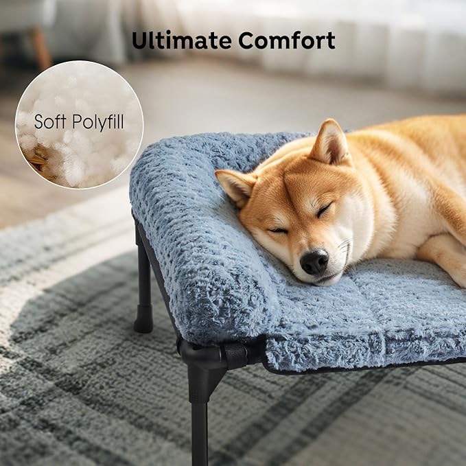 Veehoo Cooling Elevated Dog Bed Add Removable Deluxe Rose Plush Bolster Cushion Mat, 41" x 27" Washable Dog Couch Bed, Raised Pet Cot with Breathable Teslin Mesh, No-Slip Feet, Haze Blue, CWC2439B