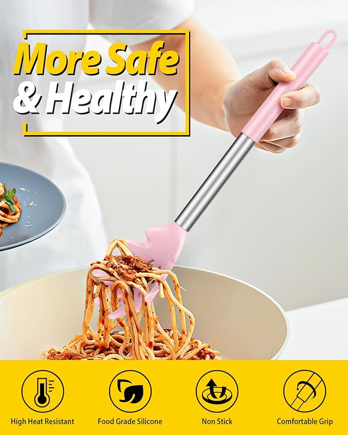 Silicone Pasta Fork and Ladle Spoon Set, Large Non Stick Kitchen Utensils for Cooking,Stirring,Serving Spaghetti, Soup, Sauce (PINK)