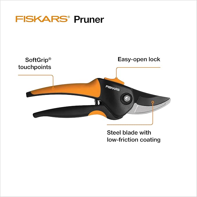 Fiskars Bypass Pruning Shears, Branch Cutter with 5/8" Cut Capacity, Garden Shears with Sharp Steel Blade, Rust Resistant, Ergonomic Pruners with Comfort Handle and Safety Lock, Gardening Hand Tools