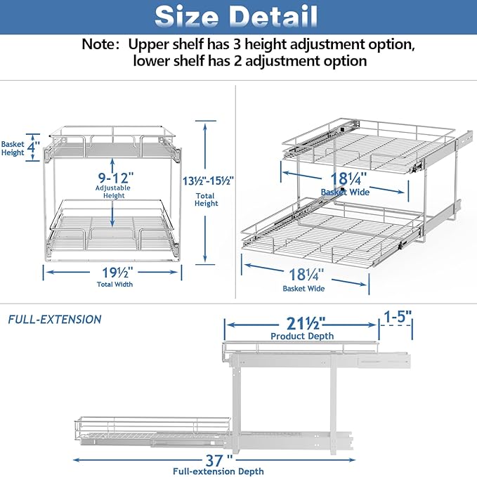 LOVMOR 2 Tier Individual Pull Out Cabinet Organizer 19½" W x 21½" D, Slide Out Kitchen Cabinet Storage Sliding Shelves