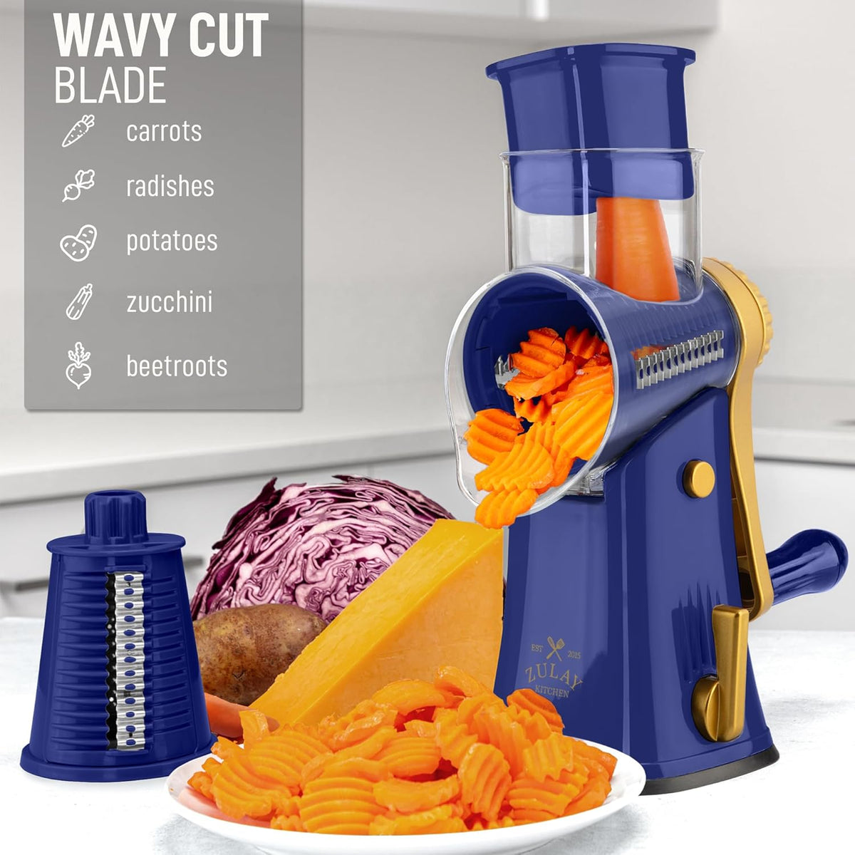 Zulay Kitchen Rotary Cheese Grater 5 Blade Cheese Shredder - Manual Hand Crank Cheese Grater With Reinforced Suction & 5 Interchangeable Drums - Easy to Use, Vegetable Chopper Round Mandoline Slicer