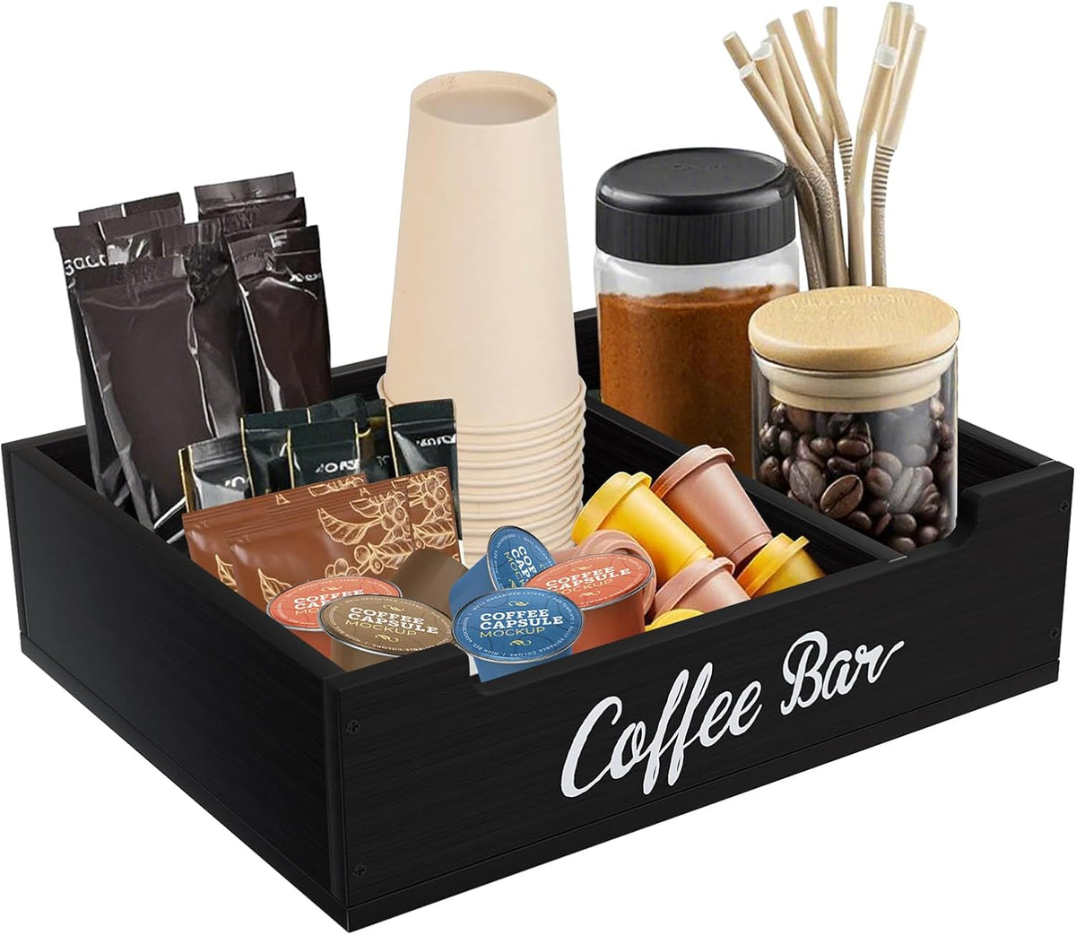 Coffee Pod Bar Station Wooden 14" X 10" X 4" Organizer Box for Countertop, Counter Top Tea Espresso Cup Wood Storage Box, Onyx