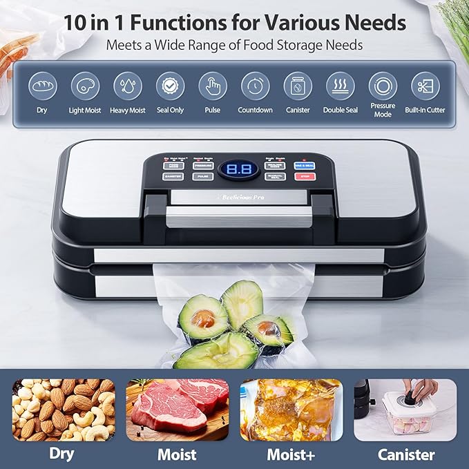 95Kpa Powerful Precision Pro Vacuum Sealer, with Double Heat Seal & Double Pump, Easy-Lock Handle, 10-in-1 Vacuum Sealer Machine for Food with Bags Storage, Built-in Cutter, Stainless Steel