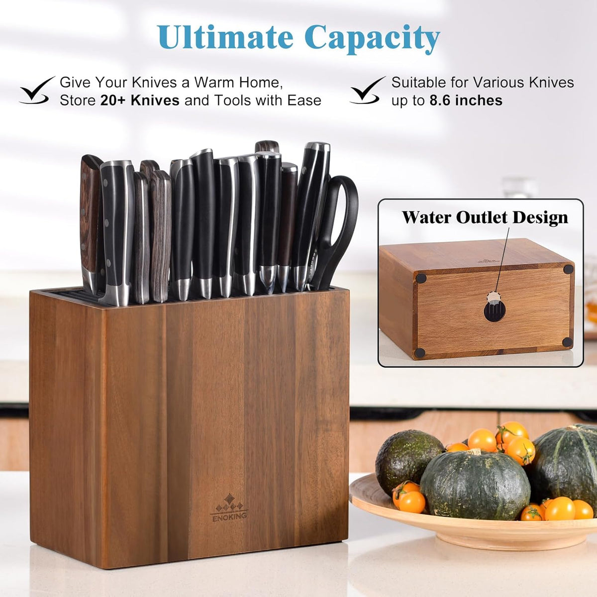 ENOKING XXL Acacia Wood Knife Holder – Large Universal Knife Block with Blade-Protecting Slots, Holds 26+ Knives, Scissors, and Sharpening Rods, Space-Saving Kitchen Storage Organizer