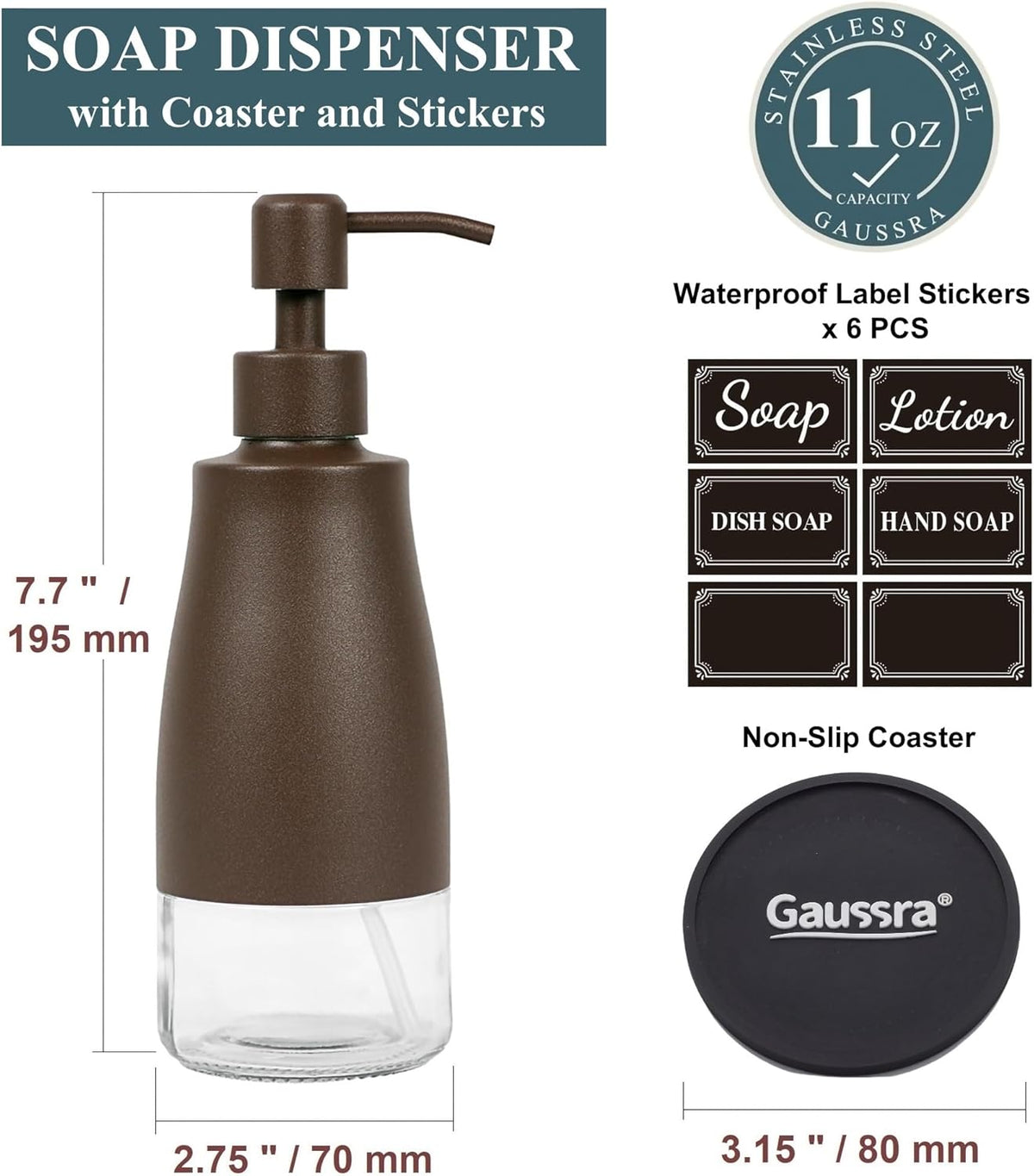 Bronze Soap Dispenser with Coaster and Stickers, Stainless Steel and Glass Bottle Hand Pump Dispenser, Refillable Liquid Hand Soap Dispenser for Bathroom & Kitchen (11OZ / 320ML)