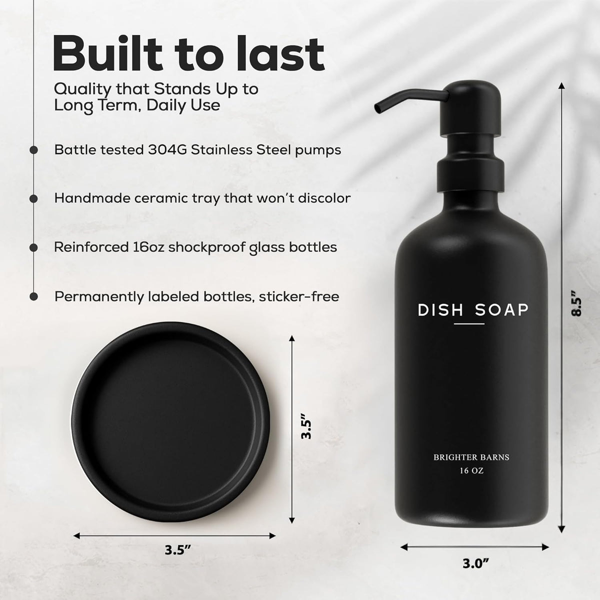 Black Glass Dish Soap Dispenser for Kitchen Sink by Brighter Barns - Modern Kitchen Soap Dispenser Set with Tray and Stainless Steel Pump - Modern Decor for Vacation Rental, Restaurants, Gifts (Black)