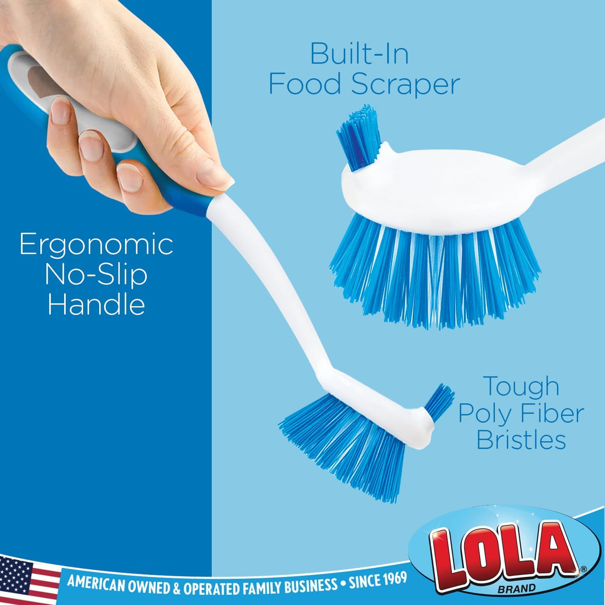 LOLA Pro Dish Brush Kitchen Scrubber | Poly Fiber Bristle | Built-in Food Scraper | Comfort Rubber Non-Slip Handle | Safe for Non-Stick & Coated Cookware | Dishwasher Safe for Cleaning 2 CT