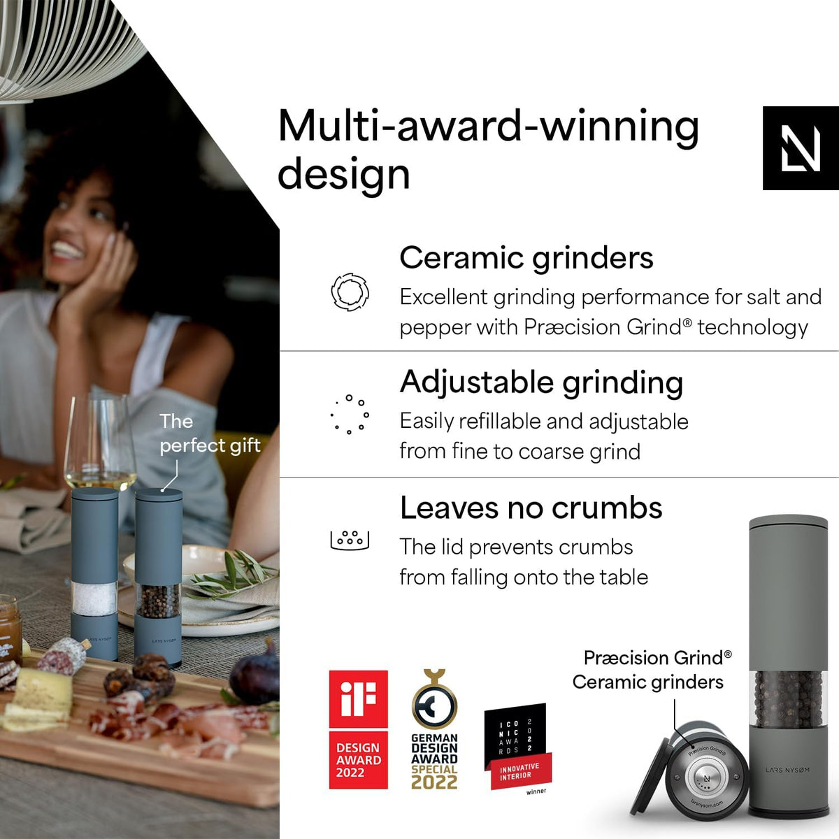 LARS NYSØM Salt and Pepper Grinder Set Manual, Stainless Steel Salt and Pepper Mills with Adjustable Ceramic Grinder I Design Spice Shakers (Blue/Gray)