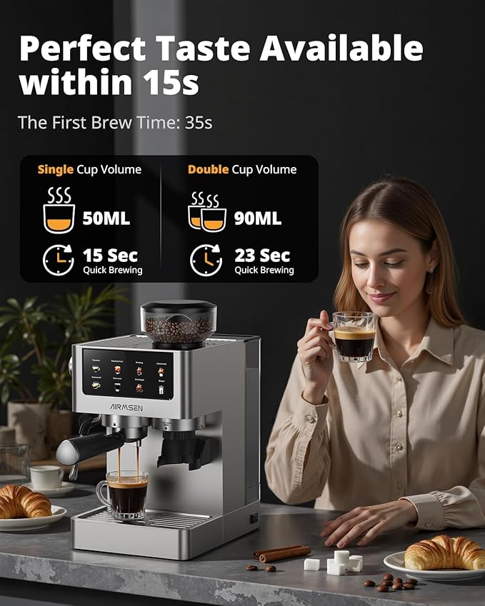 AIRMSEN Espresso Machines with Burr Grinder, 20 Bar, Milk Frother Steam Wand, Stainless Steel Coffee Maker for Home - Cappuccino Latte & Cold Brew Iced Coffee Maker & Americano