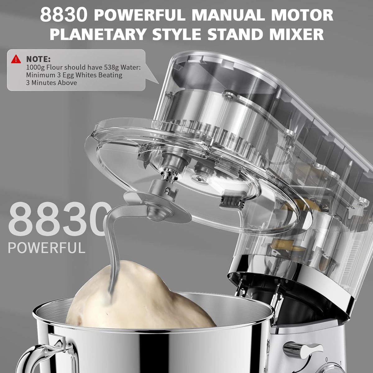 Stand Mixer, POWWA 7.5 Quart Electric Mixer, 6+1 Speed 660W Tilt-Head Kitchen Food Mixers with Whisk, Dough Hook, Mixing Beater & Splash Guard for Baking, Cake, Cookie (Silver-with Handle)