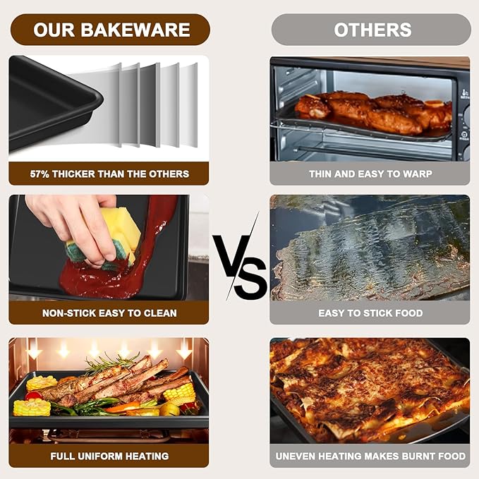 Baking Sheet Pan Set of 3, Commercial Cookie Sheets for Baking, Nonstick Half/Quarter/Jelly Roll Pans Replacement Toaster Oven Tray, Heavy Duty & Easy Clean, Dark Black