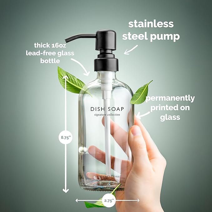 Vine Creations Clear Glass Soap Dispenser Set, Dish Soap and Hand Soap Dispenser Set with Stainless Steel Pump, 16 oz Glass Dispensers for Kitchen Bathroom Decor (Clear Bottle/Matte Black Pump)
