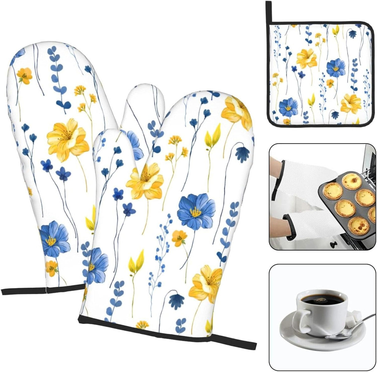 Navy Blue Yellow Flower Oven Mitts and Pot Holders Sets of 3 Watercolor Floral Decorative Hot Pads Heat Resistant Non Slip Washable for Cooking Grilling Baking BBQ Kitchen Decor