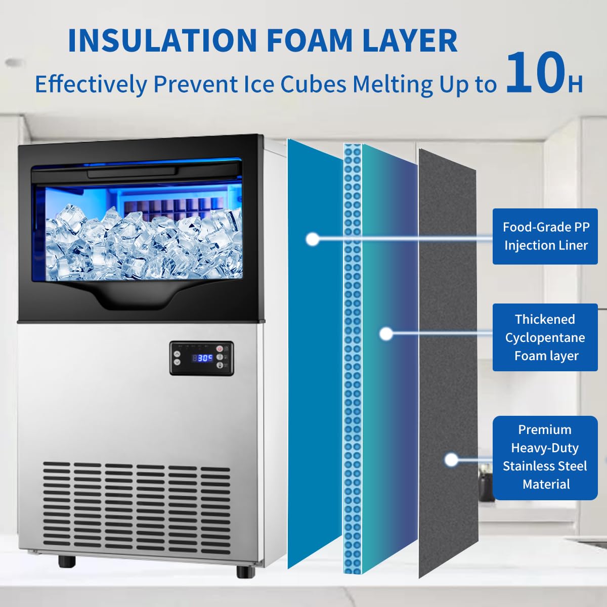 Commercial Ice Maker Machine, 100lbs/24H Stainless Steel Under Counter ice Machine with 22lbs Ice Storage Capacity, 6 Levels of Ice Thickness Adjustment, Ice Ready in 5-15 min