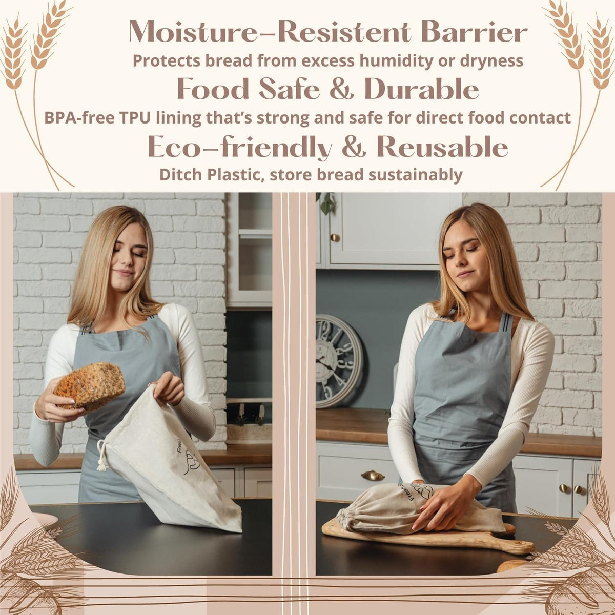 Simply H&K Reusable Linen Bread Bags for Homemade Bread [Pack of 3] - 12" x 15" - with Inner Lining - Sourdough Bags, Baking Gifts, & Baking Supplies for Home Bakers