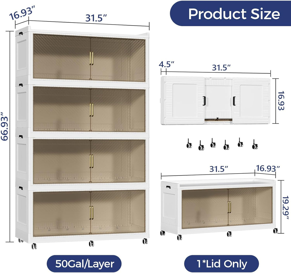 200GAL Extra Large Storage Bins with Lid, 800QT Plastic Stackable Storage Bins with 6x Wheels, Collapsible Closet Organizer and Storage Drawer Cabinet for Living Room Office Dorm, 4Pack White