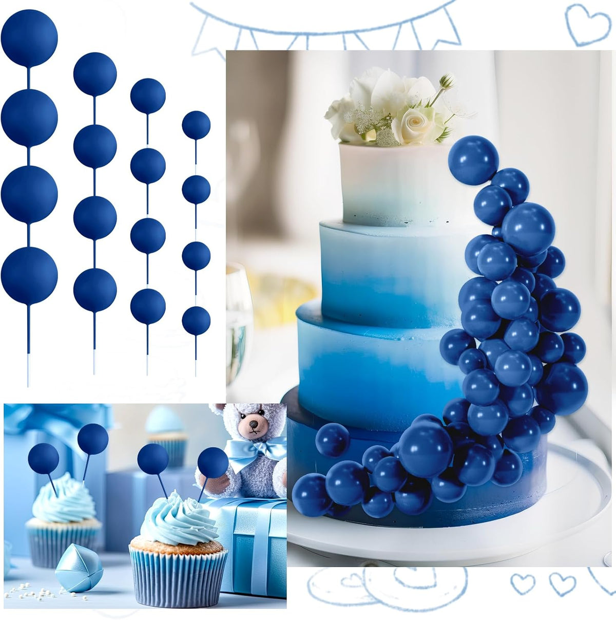 48 Pcs Balls Cake Topper Decorations Balloon Cupcake Toppers Foam Cake Topper Balls Cake Balls Decorations for Birthday Party Wedding Anniversary Cake Decorating (Royal Blue)