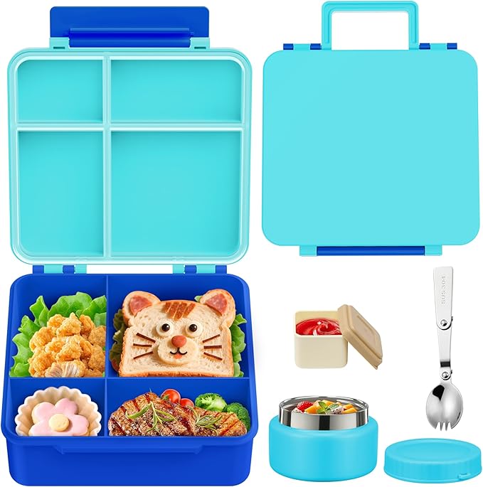 Kids Bento Lunch Box with 8oz Soup Thermo, Kids Leakproof Lunch Food Containers with 4 Compartment,Insulated Hot Food Jar with Lunch Bag for School, Travel (Blue-No lunch bag)
