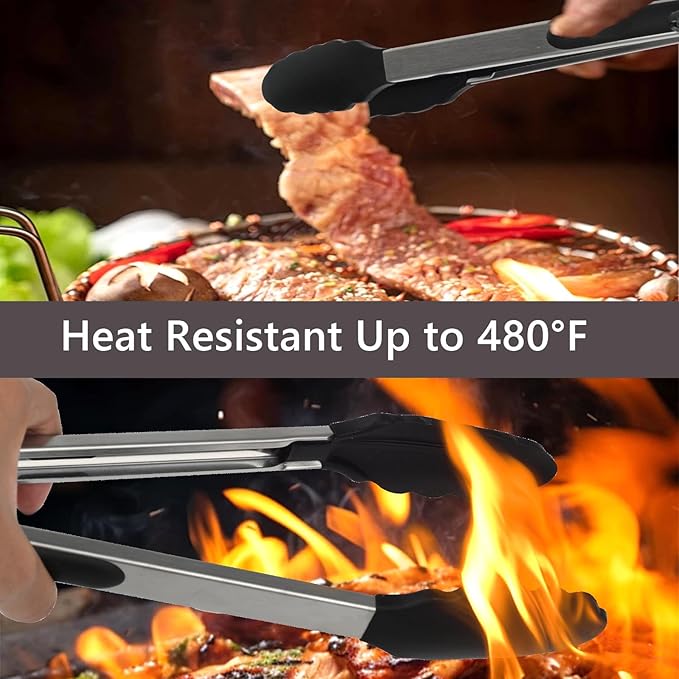 Kitchen Tongs, 2pcs Barbecue Tongs 10 inch & 12 inch with Silicone Tips, 1pc Brush Stainless Steel Cooking Tongs with Heat Resistant Handle for BBQ Serving, Grilling, Buffet, Dishwasher Safe (Black)