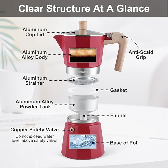 Sivaphe Aluminum Moka Pot 3 Espresso Cups, Percolator Espresso and Coffee Maker, Portable Stovetop Italian and Cuban Café Brewer for Home and Camping Red