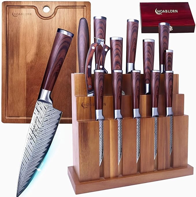 Damascus Knife Block Set 15PCS Kitchen Knife Set with Block Premium Chef Knife Stainless Steel,Japanese Kitchen Knife, with Exrtra Cutting Board Wine Corkscrew Set