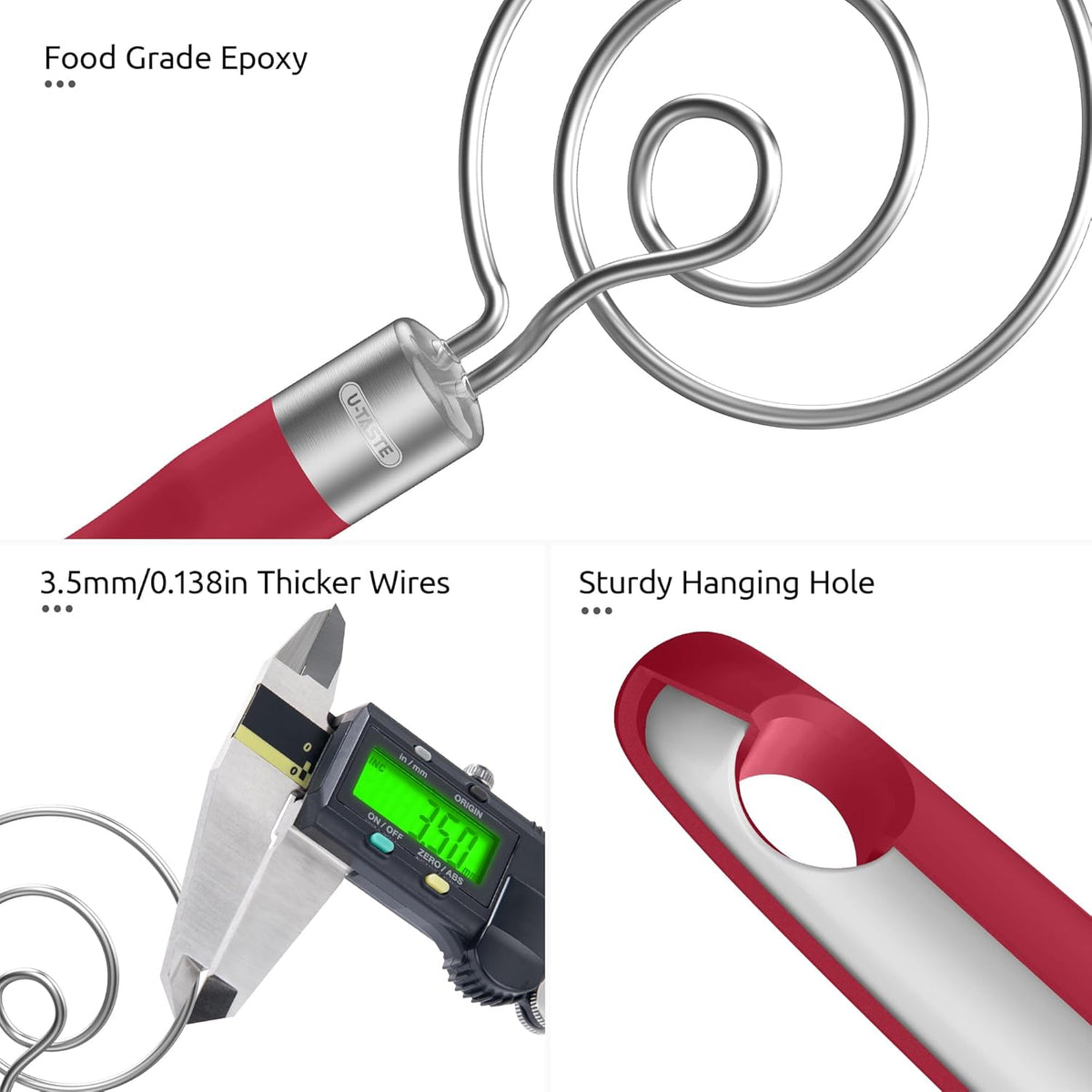 U-Taste 12.6in Danish Dough Whisk: 18/8 Stainless Steel Heavy-Duty Sourdough Mixer Tool, Food Grade Dutch Style Seamless Bread Wisk, Sturdy for Mixing, Stirring, Pressing, Kneading Thick Batter (Red)