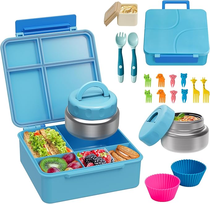 Bento Lunch Box with 9.5 oz Soup Thermo, Kids Leakproof 4 Compartments Bento Box with Silicone Cupcake,Fruit Fork,Spoon and Sauce Cup,Insulated Food Jar for School Travel-Blue