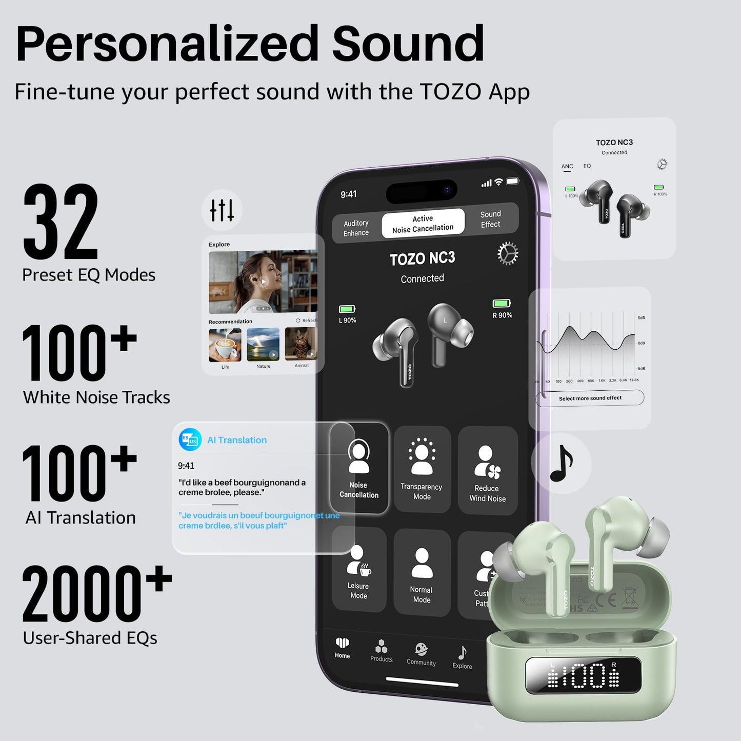 TOZO Hybrid Active Noise Cancelling in Ear Wireless Earbuds, 68H Playtime