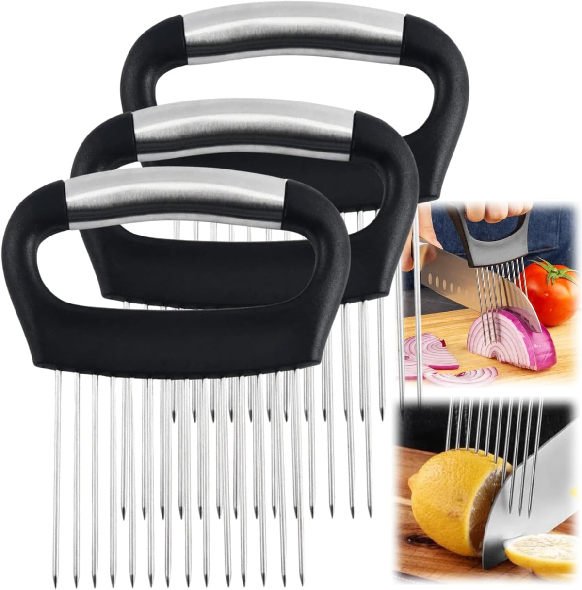 Ultra Onion Slice Holder - Stainless Steel Holder for Slicing Meat, Onion, Potato, Tomato - 3 Pack