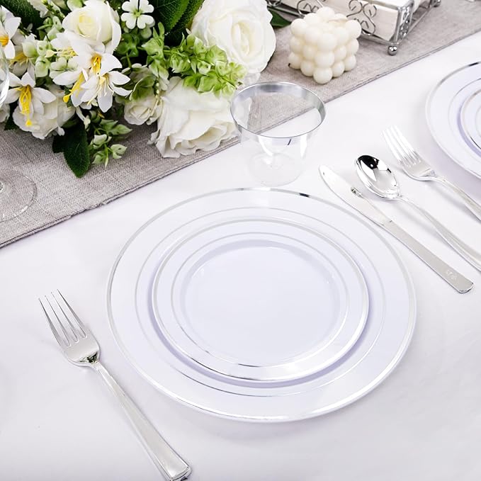 bUCLA 300PCS Silver Disposable Plastic Dinnerware Set - 50 Guests White Silver Disposable Plates Include 50 Dinner Plates,50 Dessert Plates,50 Knives,50 Forks,50 Spoons,50 Cups for Party & Christmas