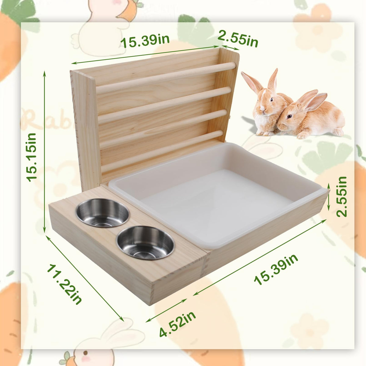MUYG Rabbit Hay Feeder with Litter Box, 3 in 1 Wooden Bunny Feeder, Small Animal Hay Holder Rack for Rabbit, Guinea Pig, Hamster, Ferrets