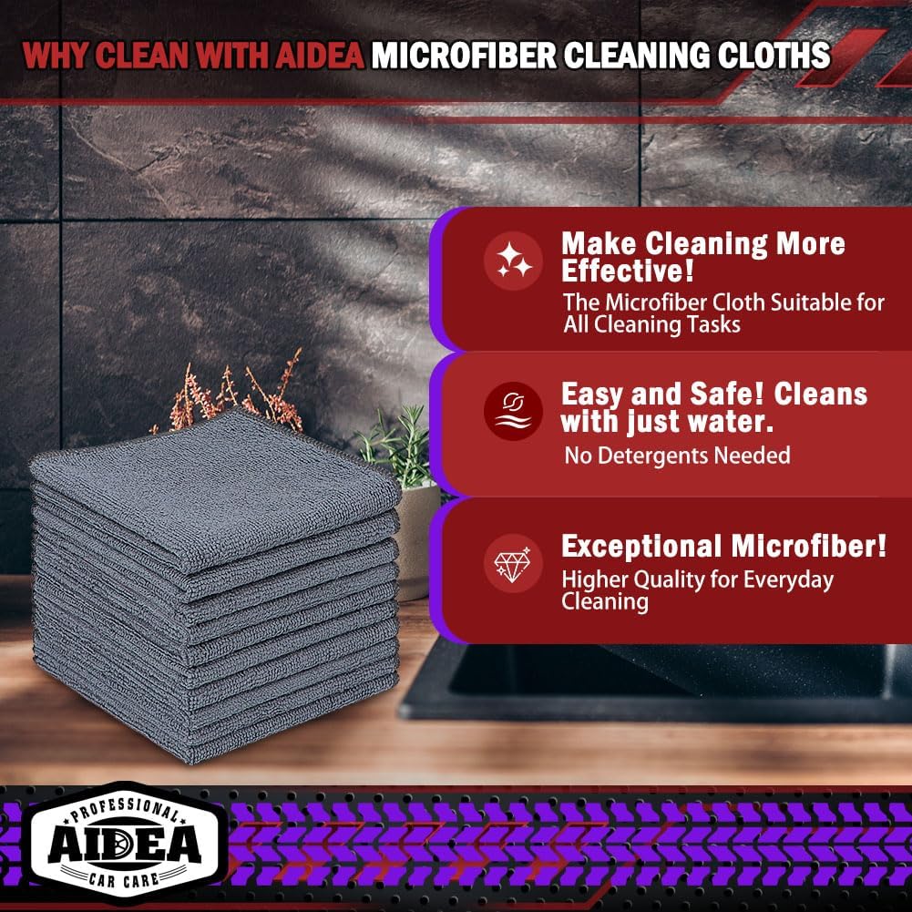 AIDEA Microfiber Cleaning Cloth Grey 150PK, Microfiber Towels for Cars, Premium Car Cloths, Dusting Cloth Lint Free Cleaning Rags for SUVs, House, Kitchen, Window, Workshops,12×12"