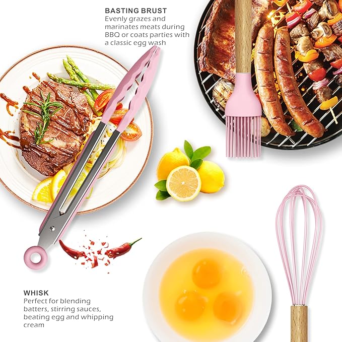 Silicone Kitchen Utensils Set - 446°F Heat Resistant Cooking Utensil Sets, Spatula,Turner,Tongs,Spoon,Brush,Whisk, Wooden Handle Silicone Kitchen Gadgets Tools for Non-Stick Cookware BPA Free (Pink)