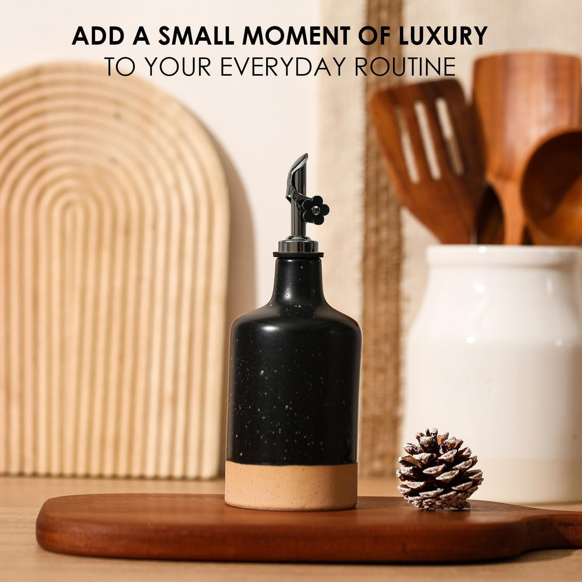 HOMCDALY Ceramic Olive Oil Dispenser Bottle, 16oz Oil Dispenser Bottle for Kitchen, Cooking Oil Dispenser, Kitchen Dispenser for Oil Vinegar Syrups(Black&Brown