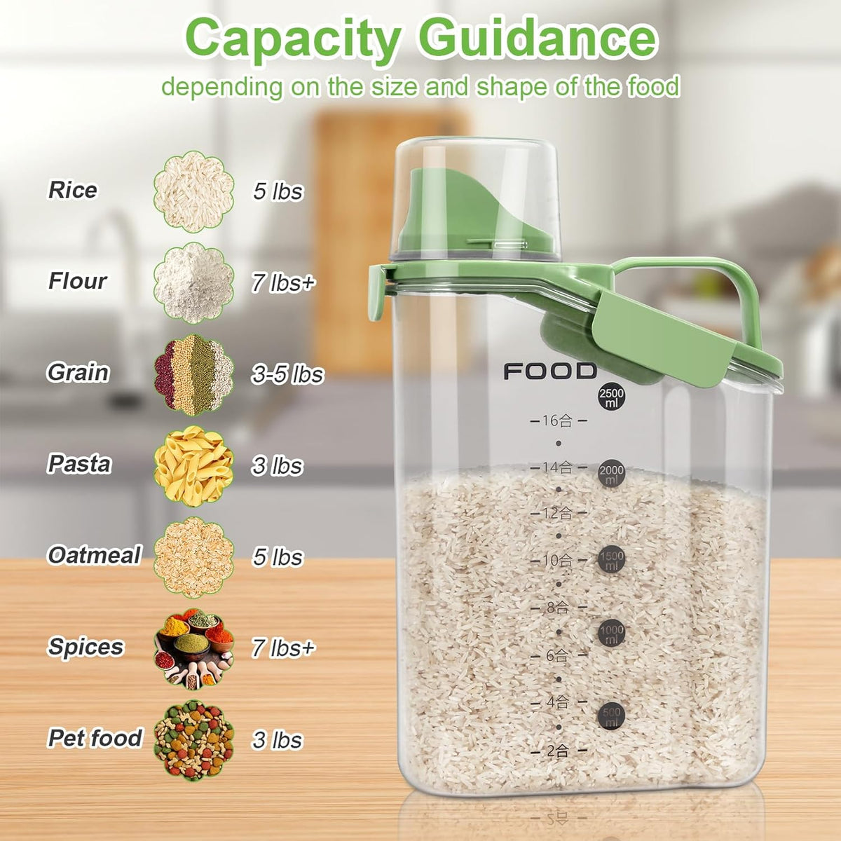 Rice Storage Container, Cereal Containers Storage, Dry Food Airtight Dispenser BPA Free, Clear Plastic Kitchen and Pantry Organization Bin (2, Green, 3Qt)