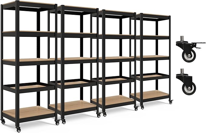 HOMEDANT House 5-Tier Metal Rolling Cart Shelf Rack Casters Heavy Duty Laminated Wheel Shelving Unit Adjustable Utility Storage Shelves Organizer Shelf Kitchen Garage 24.4" W x 16.5" D x 62.2" H 4Pack