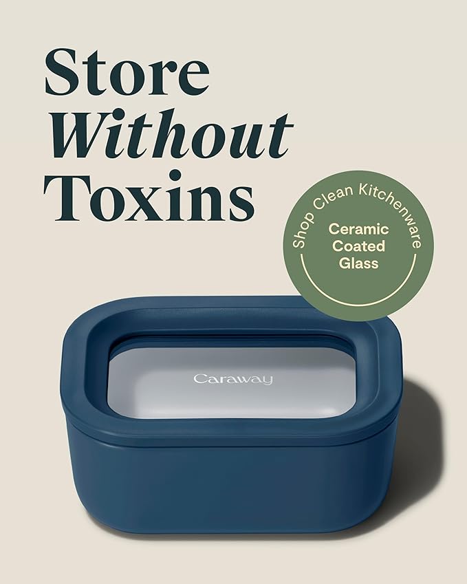 Caraway 6pc Glass Food Storage Set - 2.6 Cup Storage Containers For Food (6) - Non-Toxic Ceramic-Coated Glass - Air Release Technology - Compact & Stackable Design - Navy