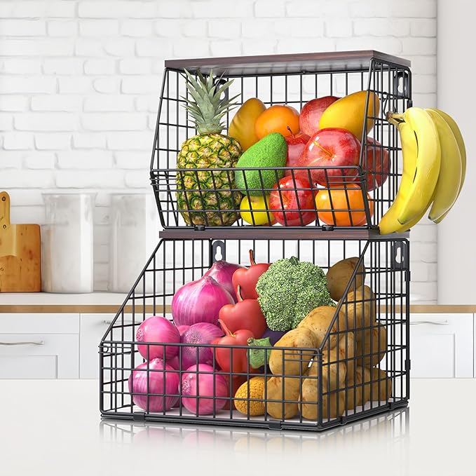 Fruit and Vegetable storage, 2 Set Wall Mounted Wire Baskets, Fruit Basket for Kitchen Counter, Hanging Fruit Basket, Potato Onion Basket, Wire Basket for Organizing, Countertop Organization Pantry