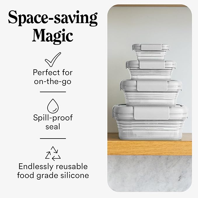 Stojo Nestable Collapsible Food Storage Container - Set of 4, Cashmere - Leak-Proof Airtight Seal Made With Food Grade Silicone For Meal Prep, Lunch Box, Pantry Organizer - Microwave & Dishwasher Safe