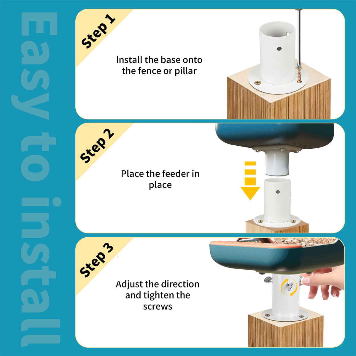 Metal Fence Pole Mount Adapter for Smart Bird Feeder Durable, Weather-Proof Post Mount Base Bird-Feeder with 6 Screws Easy Installation