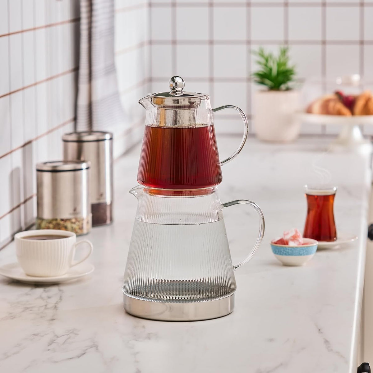 Karaca Keops XL Borosilicate Glass Teapot with Infuser and Lid for Stovetop, Transparent Silver, 1L Tea Pot & 2L Tea Kettle Set for Loose Leaf & Herbal, Dishwasher Safe