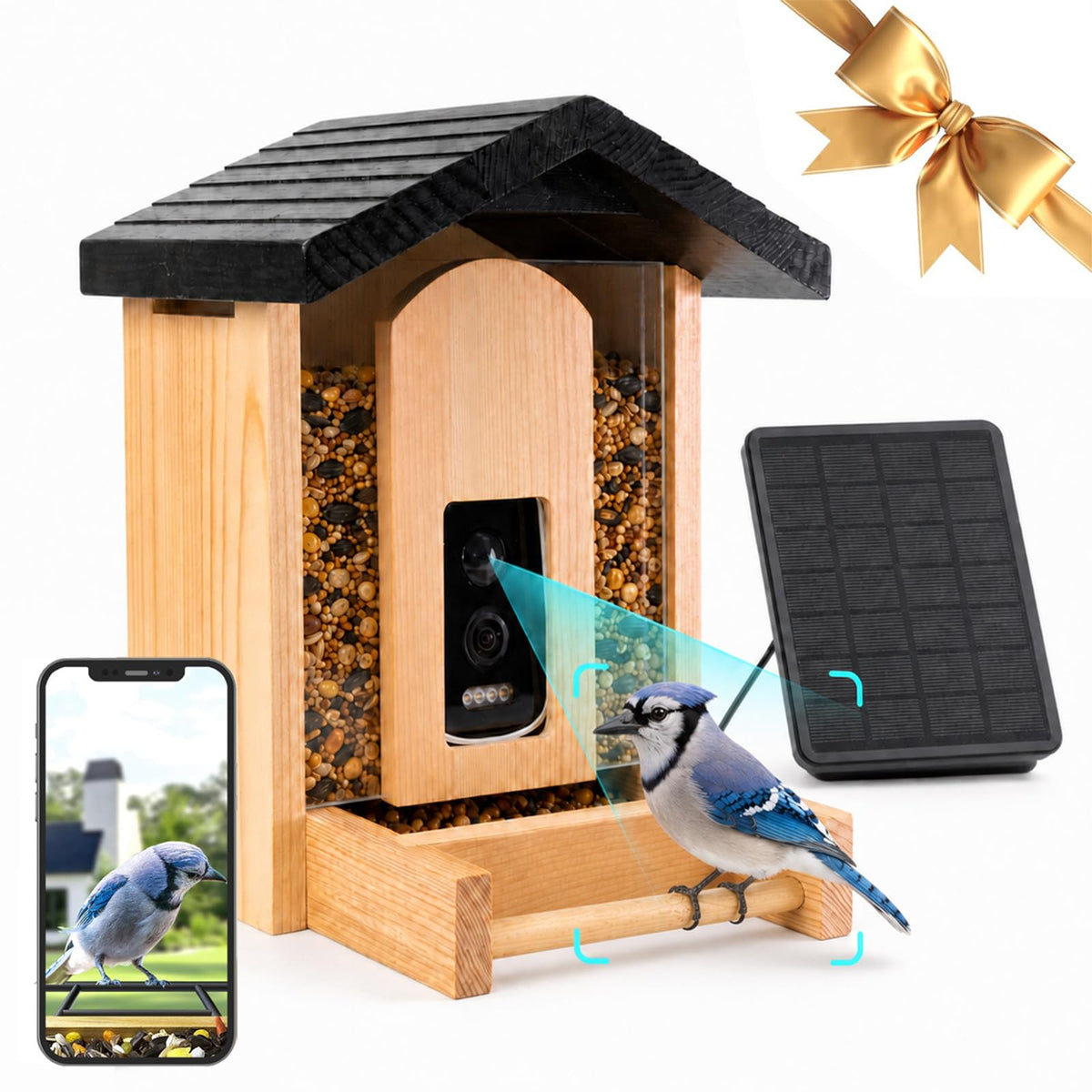 Smart Wooden Bird Feeder with 2.5k Ultra-Wide-Angle AI Camera Solar Powered