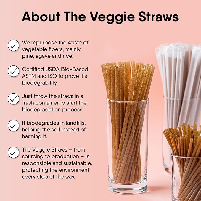 The Veggie Straws – 150 PCS of 4.75 Inches Unwrapped Biodegradable Drink Stirrers – Made of Vegetable Fibers, Best Cocktail Stirrers for Drinks of All Kinds